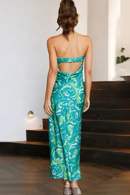 Floral Print Strapless Cut Out Flowy Satin Vacation Maxi Dresses-Hayhty.All Rights Reserved.