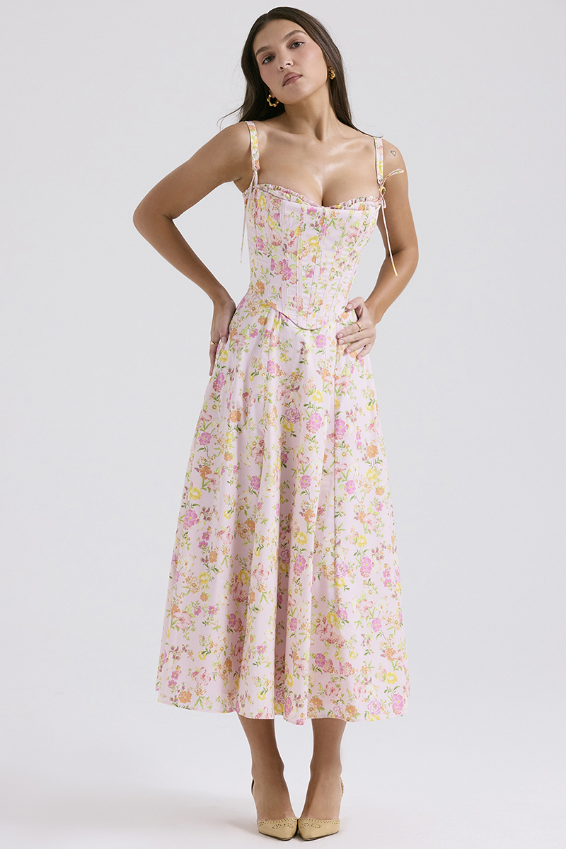 Floral Print Cami Corset A-Line Midi Dresses-Pink-Hayhty.All Rights Reserved.