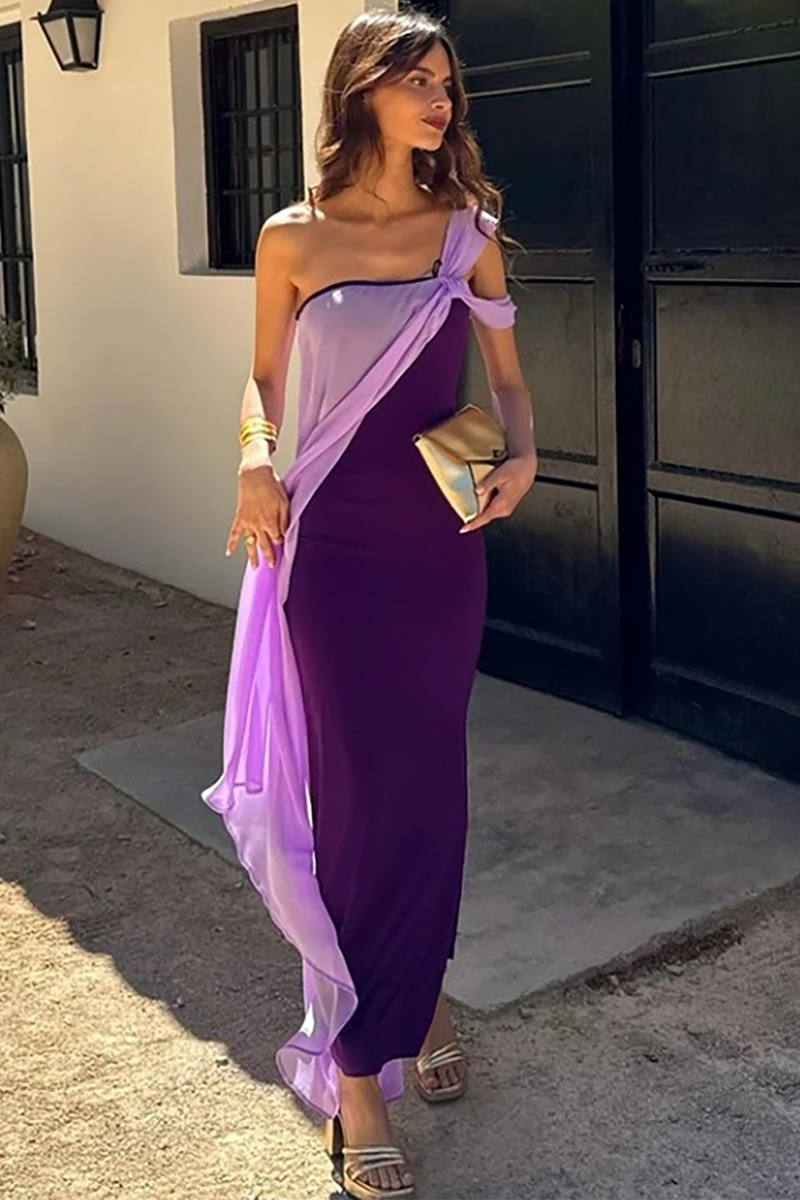 Chiffon Patchwork One Shoulder Sleeveless Asymmetric Maxi Dresses-Purple-Hayhty.All Rights Reserved.