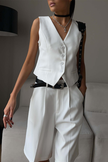 V Neck Button Up Vest Plain Shorts Matching Set-Grey-Hayhty.All Rights Reserved.