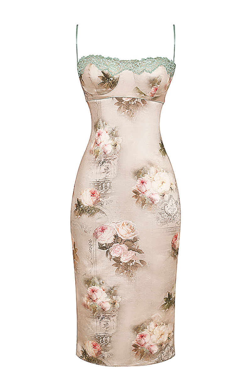 Floral Print Lace Trim Bustier Cocktail Party Cami Midi Dresses-Hayhty.All Rights Reserved.