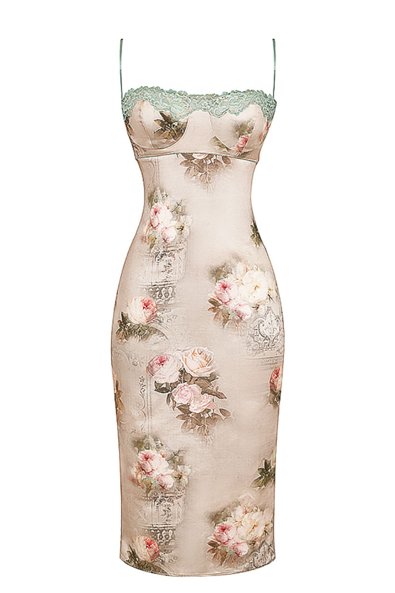 Floral Print Lace Trim Bustier Cocktail Party Cami Midi Dresses-Hayhty.All Rights Reserved.