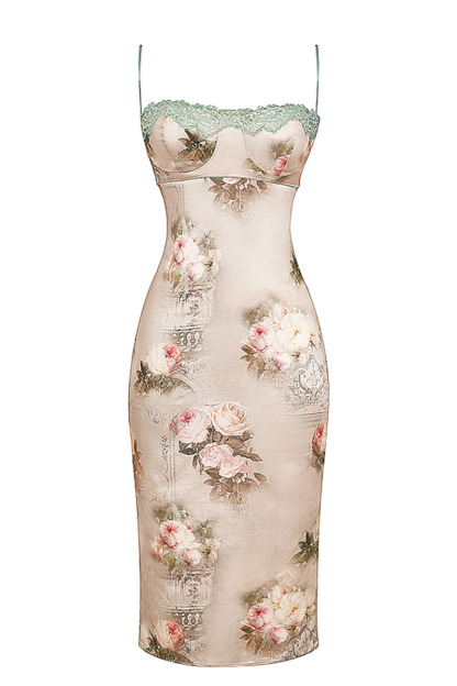 Floral Print Lace Trim Bustier Cocktail Party Cami Midi Dresses-Hayhty.All Rights Reserved.