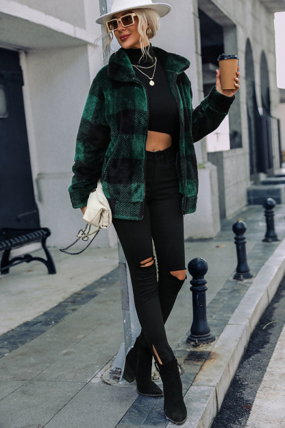 Faux Fur Plaid Turndown Collar Zipper Jacket-Hayhty.All Rights Reserved.