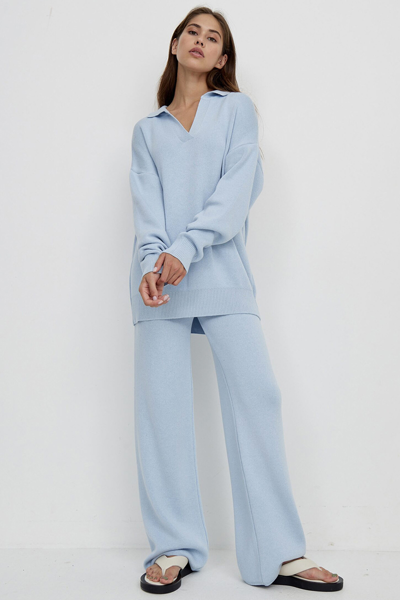 Knit Turndown Collar Sweater Plain Wide Leg Pants Matching Set-Beige-Hayhty.All Rights Reserved.