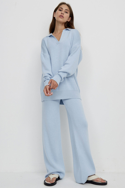 Knit Turndown Collar Sweater Plain Wide Leg Pants Matching Set-Beige-Hayhty.All Rights Reserved.