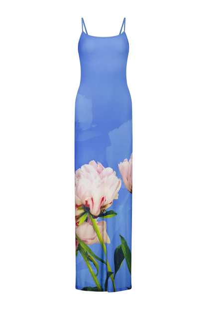 U Neck Slim Fit Floral Print Maxi Strappy Dresses-Blue-Hayhty.All Rights Reserved.