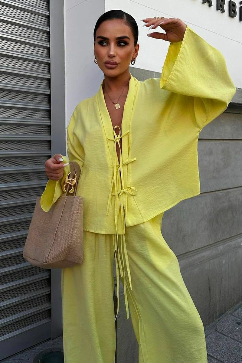 Front Tie Up Long Sleeve Top Solid Color Wide Leg Pants Matching Set-Yellow-Hayhty.All Rights Reserved.