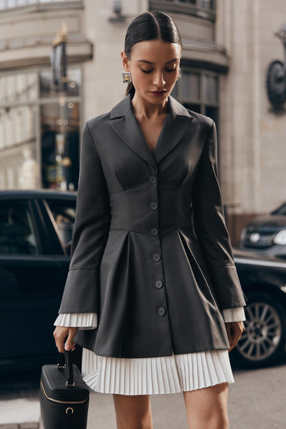 Long Sleeve Button Up Colorblock Pleated Blazer Mini Dresses-Grey-Hayhty.All Rights Reserved.