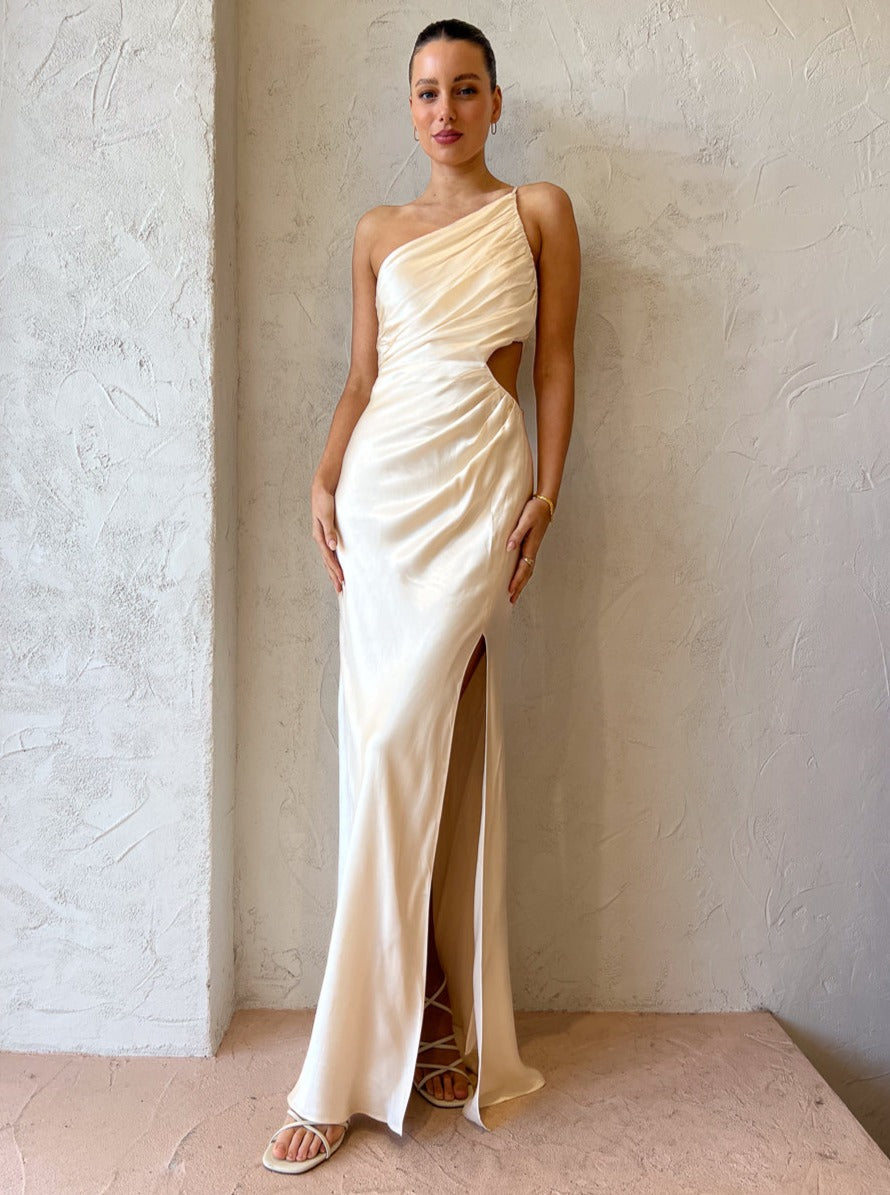 One Shoulder High Slit Ruched Evening Gown Cami Maxi Dress-Hayhty.All Rights Reserved.