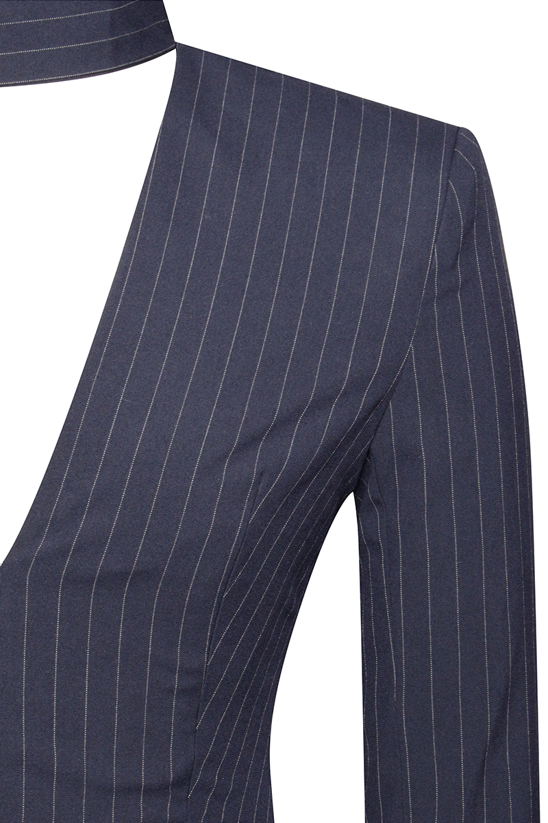 Long Sleeve Deep V Pinstripes Blazer Mini Dresses-Navy-Hayhty.All Rights Reserved.