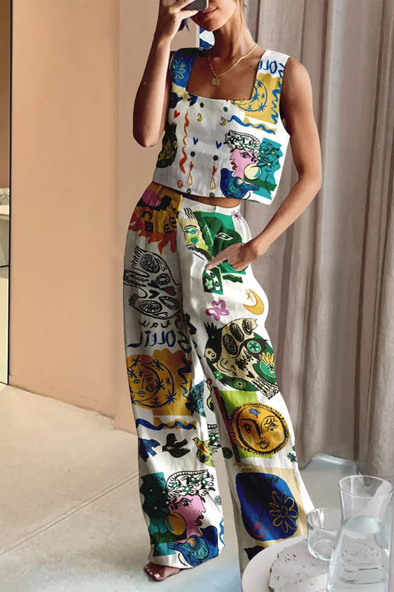 Abstract Mixed Print Crop Tank Top Wide Leg Pants Matching Set-White-Hayhty.All Rights Reserved.