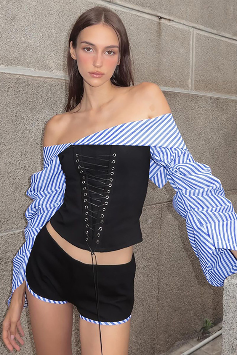 Striped Patchwork Ruched Long Sleeve Lace Up Crop Top Shorts Matching Set-Black-Hayhty.All Rights Reserved.