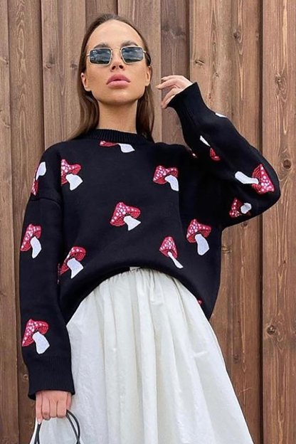 Mushroom Jacquard Pattern Round Neck Long Sleeve Loose Fit Sweater-Black-Hayhty.All Rights Reserved.