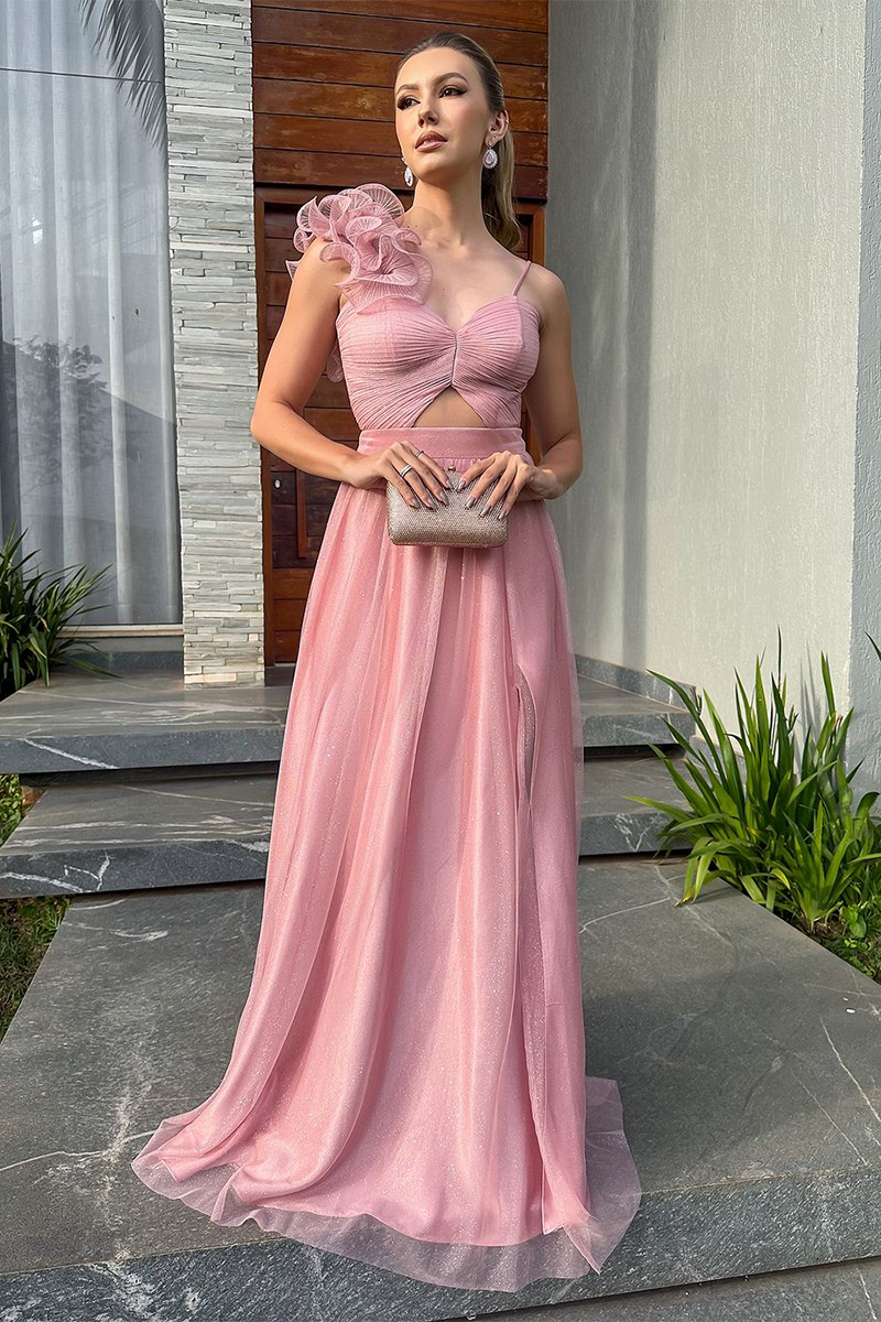 Ruffled Cutout A-Line Shimmery Gowns Slip Maxi Dresses-Pink-Hayhty.All Rights Reserved.