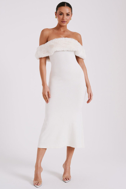 Fuzzy Patchwork Off Shoulder Knit Slim Fit Sweater Midi Dresses-White-Hayhty.All Rights Reserved.