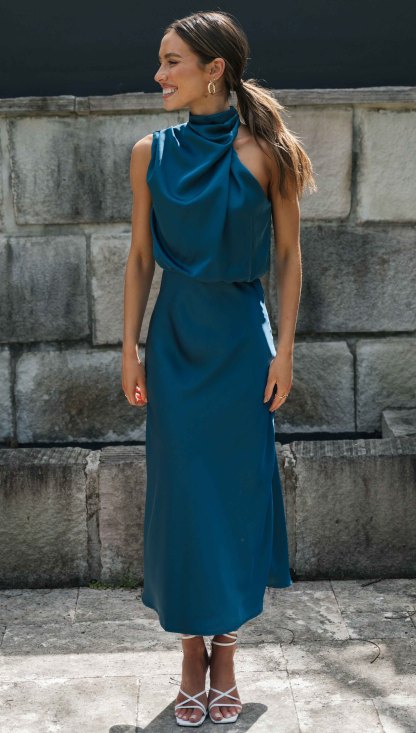 Turtleneck Sleeveless Satin Midi Dresses-Hayhty.All Rights Reserved.