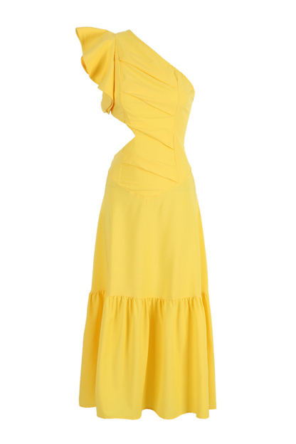 One Shoulder Ruffle Sleeveless Cutout Solid Color Maxi Dresses-Yellow-Hayhty.All Rights Reserved.