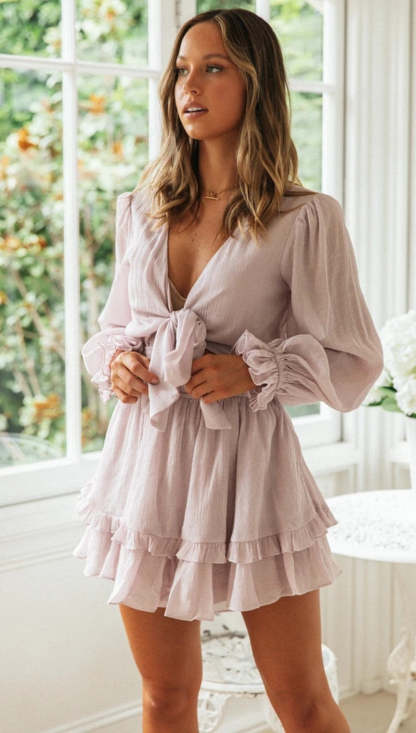 V Neck Long Sleeve Lace Up Mini Dress-Hayhty.All Rights Reserved.
