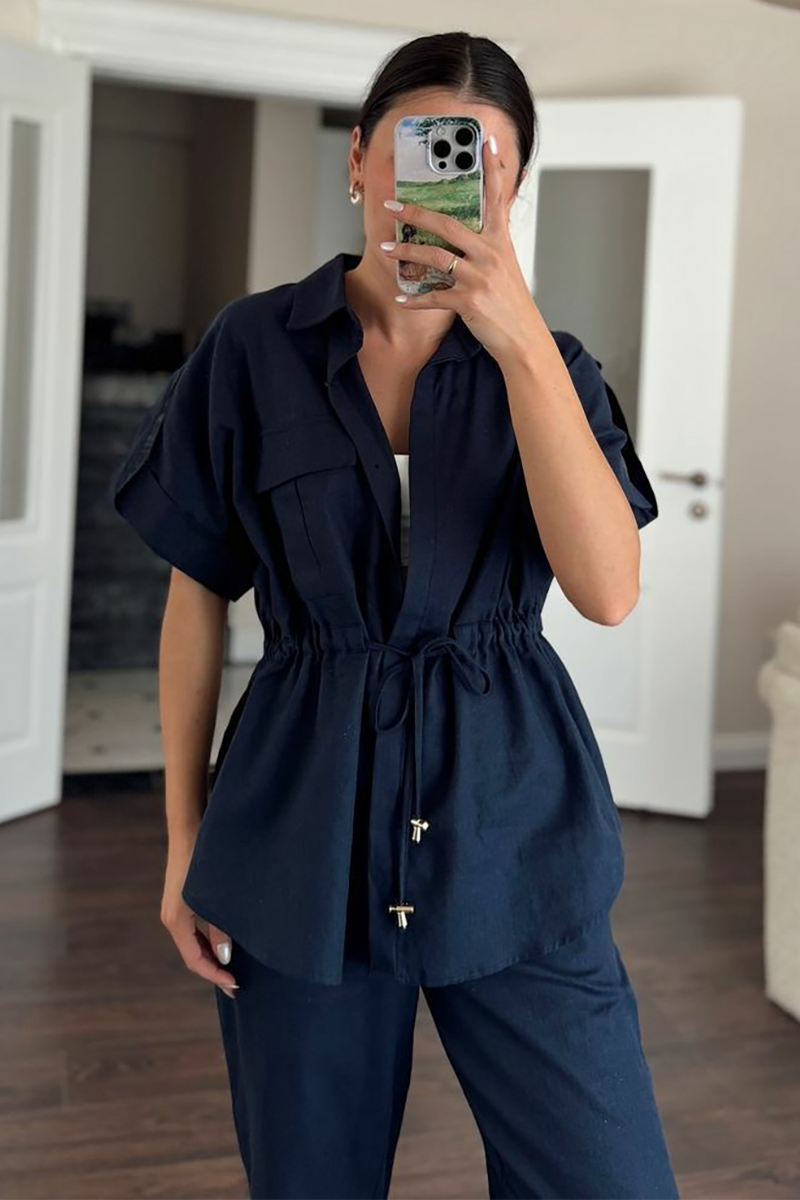 Half Sleeve Drawstring Tie Up Blouse Straight Leg Pants Matching Set-White-Hayhty.All Rights Reserved.