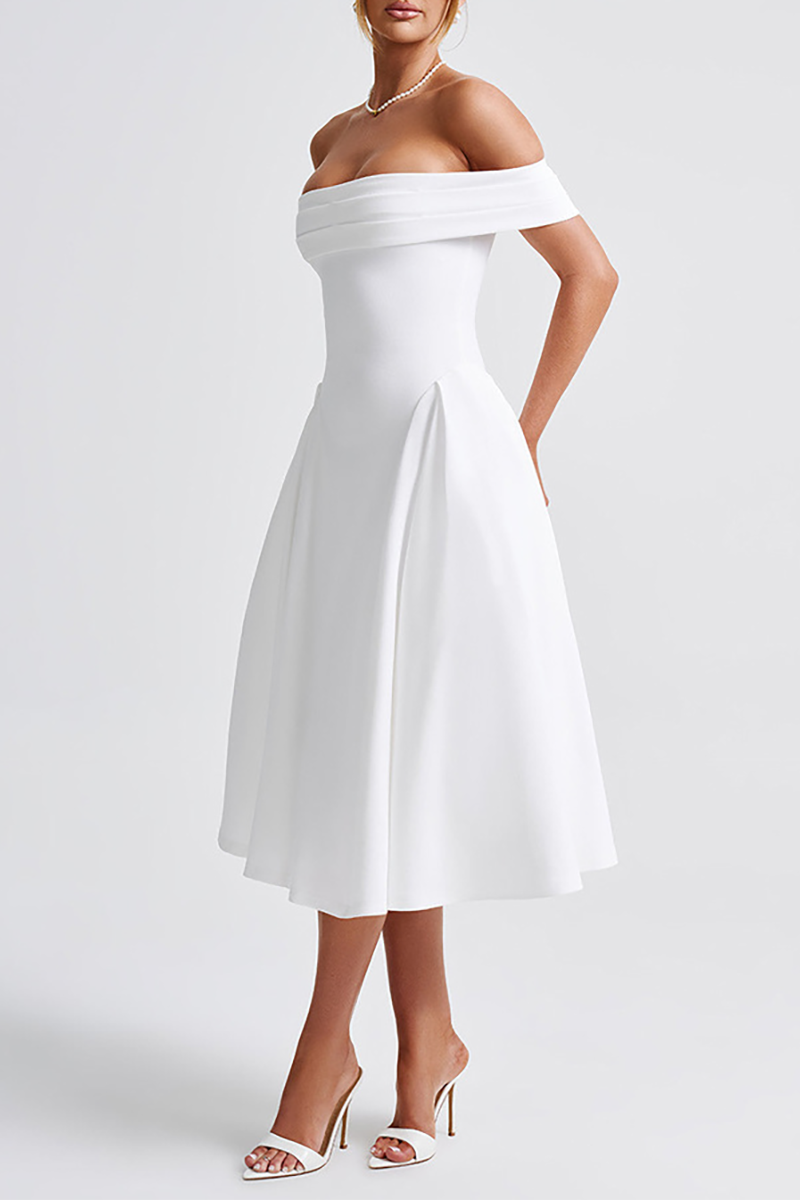 Boat Neck Draped Shoulder Cinch Waist Plain Gowns Midi Dresses-Black-Hayhty.All Rights Reserved.