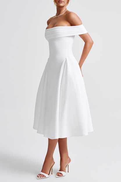 Boat Neck Draped Shoulder Cinch Waist Plain Gowns Midi Dresses-Black-Hayhty.All Rights Reserved.