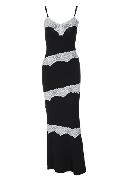Lace Patchwork V Neck Slim Fit Maxi Strappy Dresses-Black-Hayhty.All Rights Reserved.
