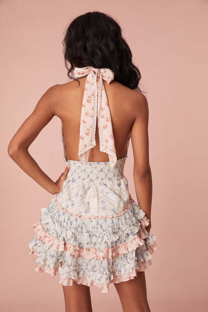 Halter Floral Patchwork Multi-Layered Ruffle Mini Dresses-Blue-Hayhty.All Rights Reserved.