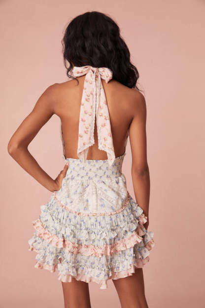 Halter Floral Patchwork Multi-Layered Ruffle Mini Dresses-Blue-Hayhty.All Rights Reserved.