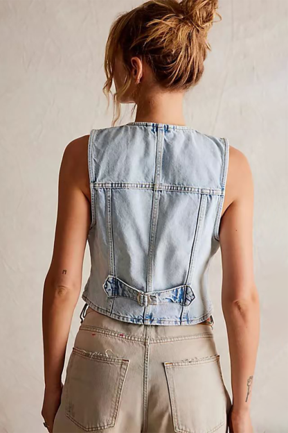 Deep V Neck Button Up Denim Crop Vest-Blue-Hayhty.All Rights Reserved.