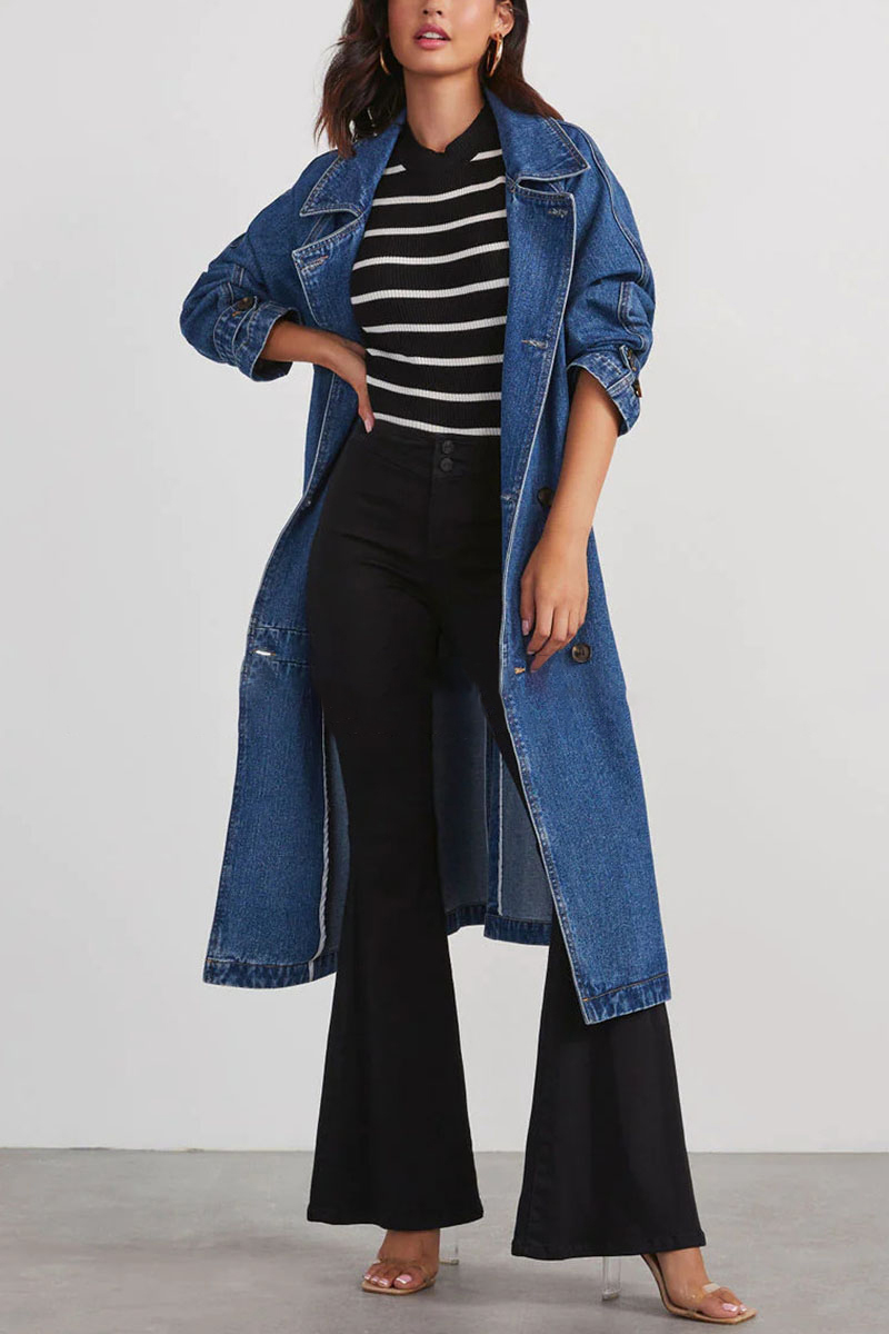 Turndown Collar Long Sleeve Double-Breasted Tie Up Denim Trench Coat-Blue-Hayhty.All Rights Reserved.
