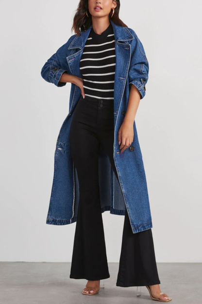 Turndown Collar Long Sleeve Double-Breasted Tie Up Denim Trench Coat-Blue-Hayhty.All Rights Reserved.