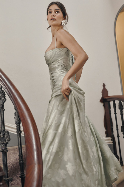 Elegant Floral Print Quilted Lace Up Back Formal Party Flowy Maxi Dresses-Green-Hayhty.All Rights Reserved.