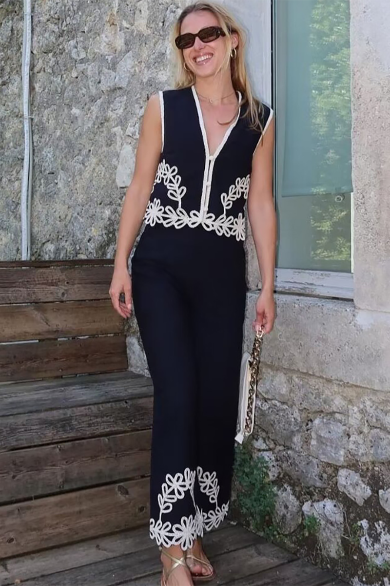 Embroidery V Neck Vest Wide Leg Pants Matching Set-Black-Hayhty.All Rights Reserved.