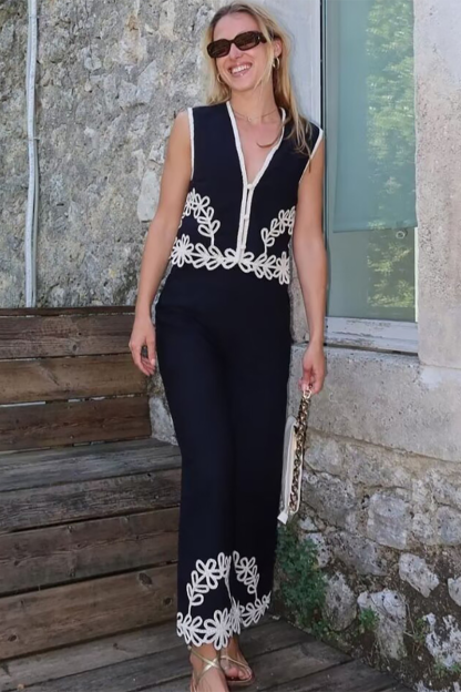 Embroidery V Neck Vest Wide Leg Pants Matching Set-Black-Hayhty.All Rights Reserved.