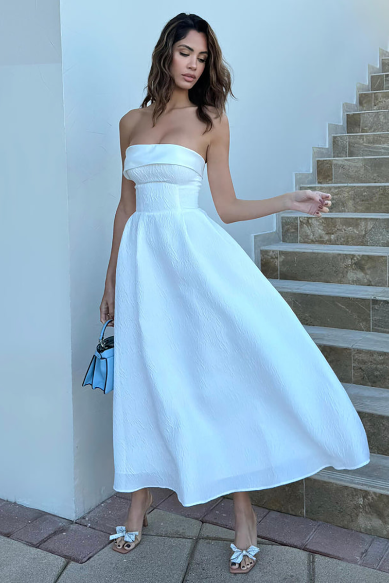 Strapless Cinch Waist Textured Elegant Gowns Maxi Dresses-White-Hayhty.All Rights Reserved.