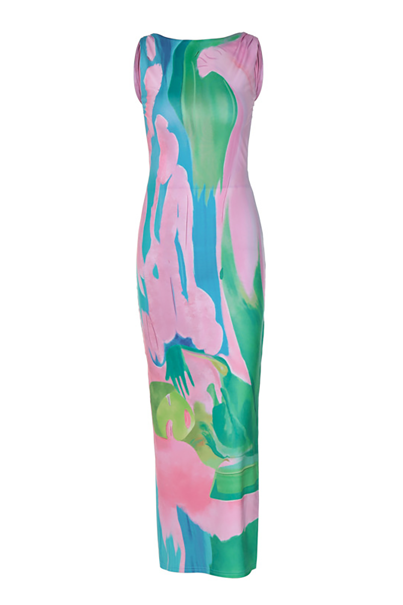 Pattern Print Slim Fit Open Back Side Slit Maxi Tank Dresses-Pink-Hayhty.All Rights Reserved.