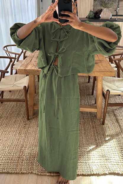 Puff Sleeve Front Tie Up Blouse Solid Color Maxi Skirt Matching Set-Brown-Hayhty.All Rights Reserved.