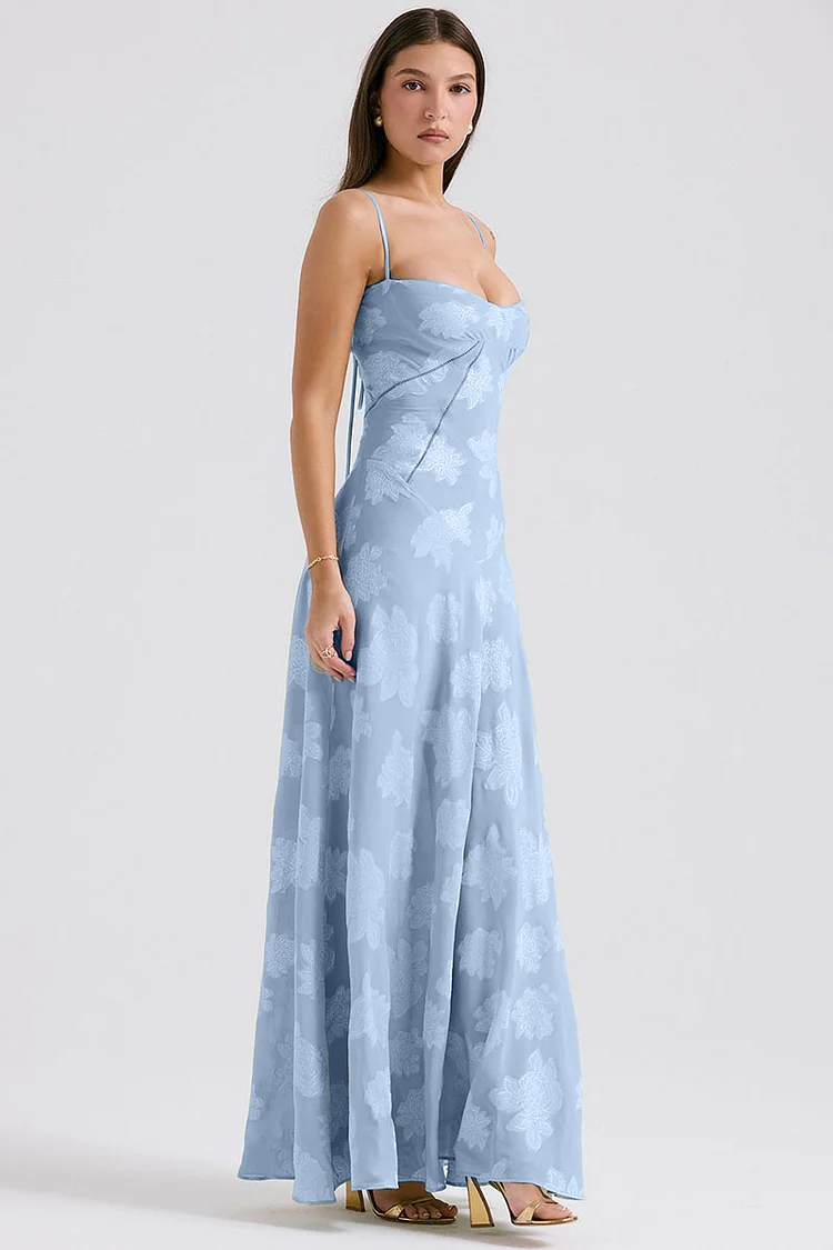 Elegant Floral Print Quilted Lace Up Back Formal Party Flowy Maxi Dresses-Green-Hayhty.All Rights Reserved.