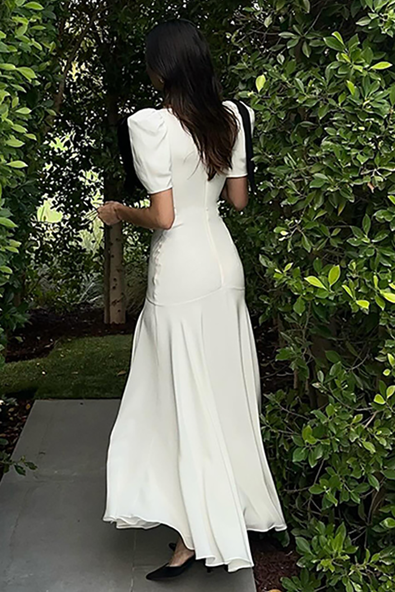 Colorblock Bow Juliet Sleeve Deep V Neck Cinch Waist Maxi Dresses-White-Hayhty.All Rights Reserved.