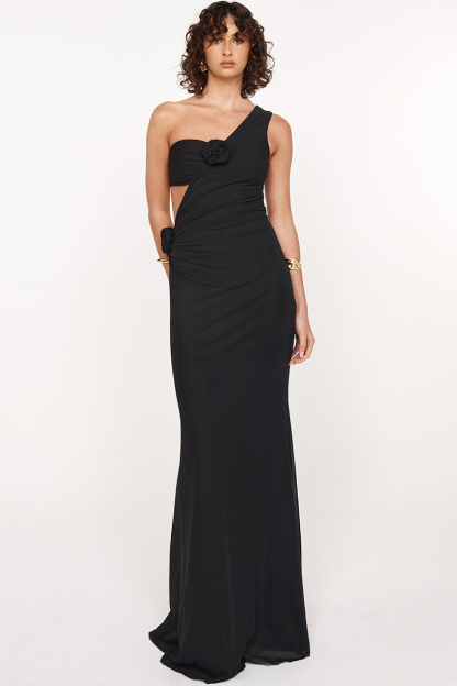 3D Flower Ruched Backless One Shoulder Gowns Maxi Dresses-Black-Hayhty.All Rights Reserved.