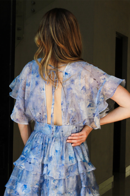 Pattern Print Deep V Neck Ruffled A-Line Mini Dresses-Blue-Hayhty.All Rights Reserved.