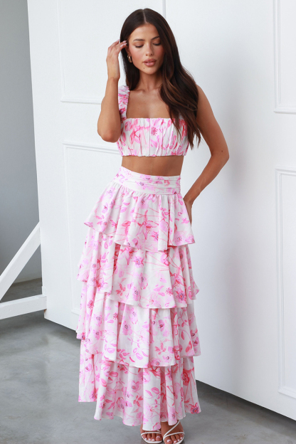 Square Neck Ruched Sleeveless Crop Top High Waist Layered Maxi Skirt Floral Print Matching Set-Hayhty.All Rights Reserved.