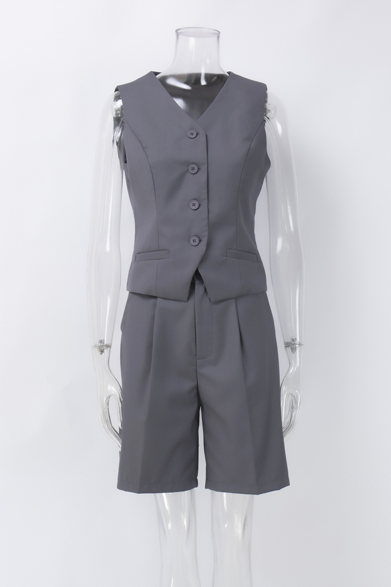 V Neck Button Up Vest Plain Shorts Matching Set-Grey-Hayhty.All Rights Reserved.