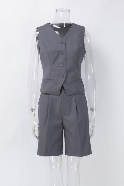 V Neck Button Up Vest Plain Shorts Matching Set-Grey-Hayhty.All Rights Reserved.