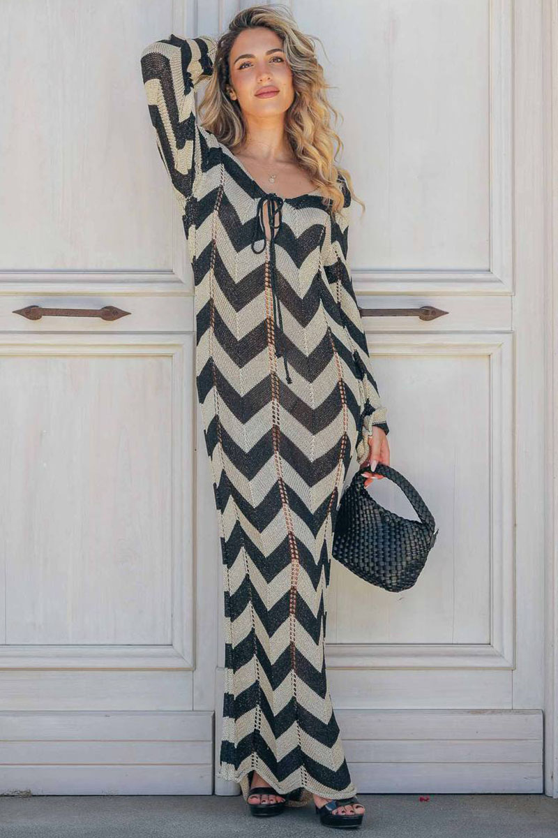 Colorblock Wavy Crochet Long Sleeve Vacation Cover-Up Maxi Dresses-Black-Hayhty.All Rights Reserved.