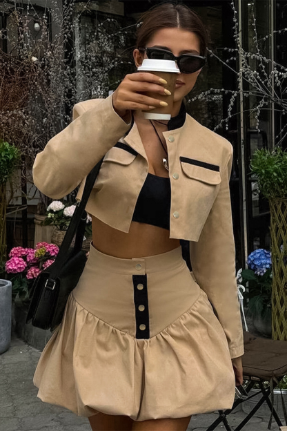Mock Neck Crop Jacket Cinch Waist Bubbled Hem Mini Skirt Matching Set-Khaki-Hayhty.All Rights Reserved.