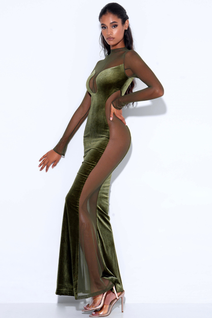 Velvet Mesh Patchwork Long Sleeve Gown Maxi Dresses-Hayhty.All Rights Reserved.