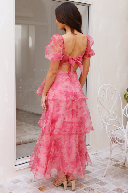 Floral Print Puff Sleeve Tiered Hem Backless Maxi Dresses-Pink-Hayhty.All Rights Reserved.