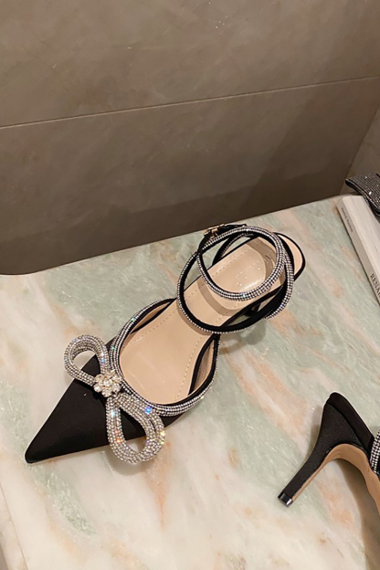 Rhinestone Bow Patchwork Pointy High Heel Sandals-Hayhty.All Rights Reserved.